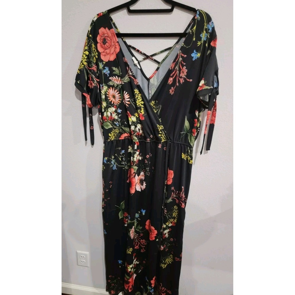 Maurices Tie Sleeve V-neck Floral Print Maxi Dress Womens Plus 1 1X Strappy Back